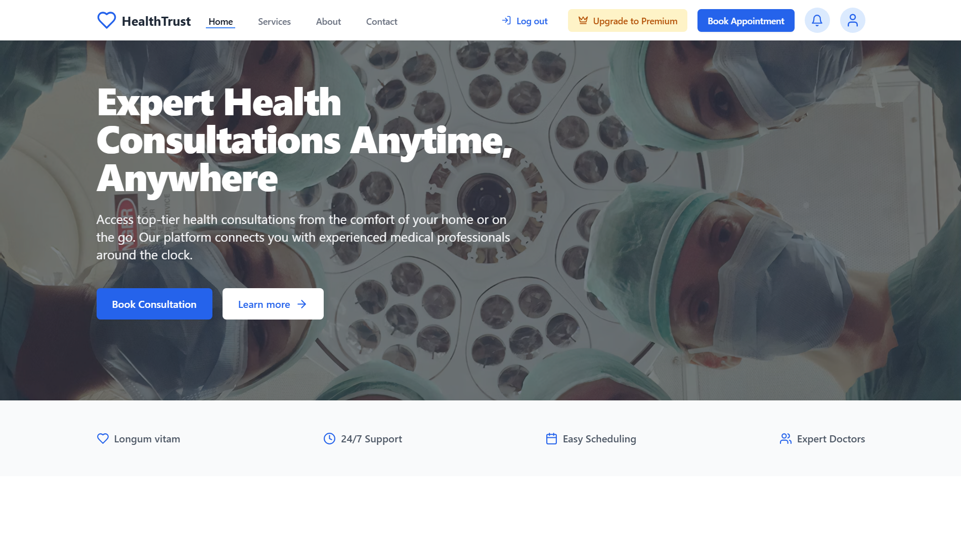 HealthTrust homepage showing Expert Health Consultations Anytime Anywhere landing hero